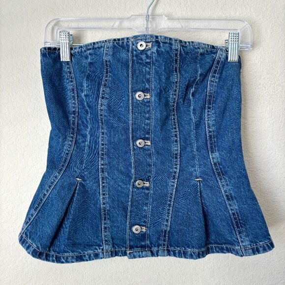 Zara Tops - Zara Denim Button Front Pleated Flare Hem Bandeau Top